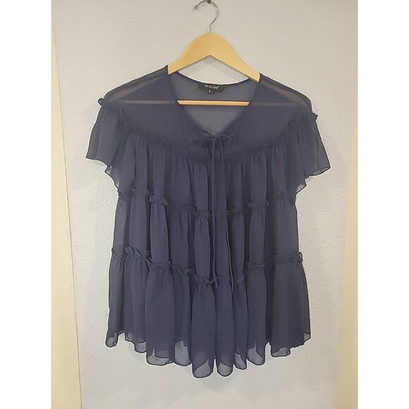 Elise Size Small Navy Blue Sheer Tiered Blouse - Picture 1 of 5